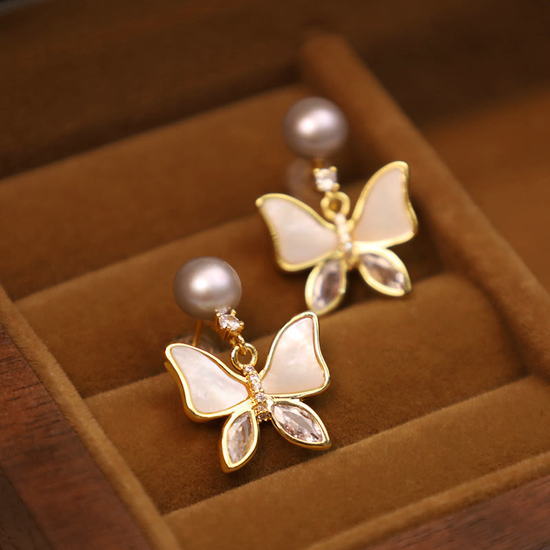 Fortune Jewel 18K Gold Plated Copper Natural Shell Pearl Butterfly Sincerity Stud Earrings