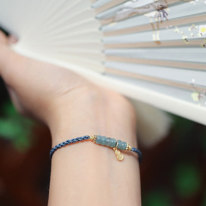 Fortune Jewel 925 Sterling Silver Natural Jade Gourd Rutilated Quartz Fu Character Luck Braid Bracelet