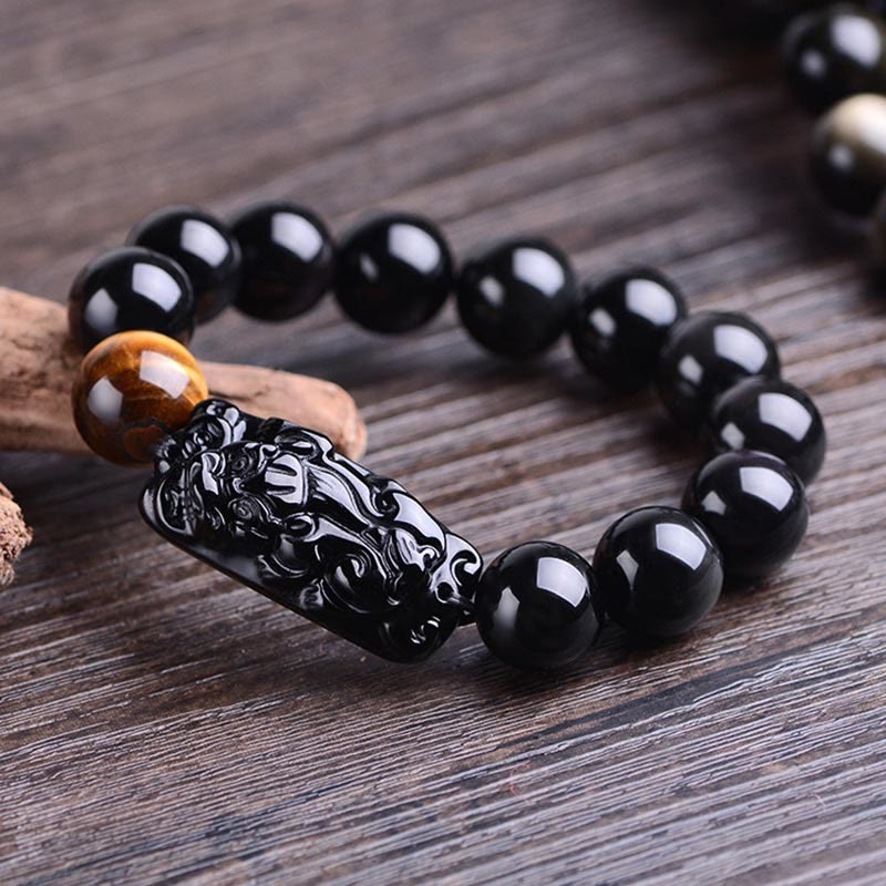Fortune Jewel Natural Black Obsidian PiXiu Tiger's Eye Strength Bracelet
