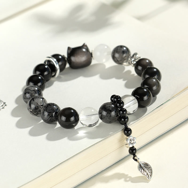 Fortune Jewel Natural Silver Sheen Obsidian Cat Head Fox Planet Protection Bracelet