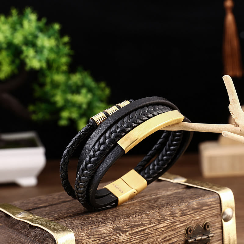 Fortune Jewel Leather Multi-Layer Titanium Steel Balance Braided Magnetic Buckle Bracelet