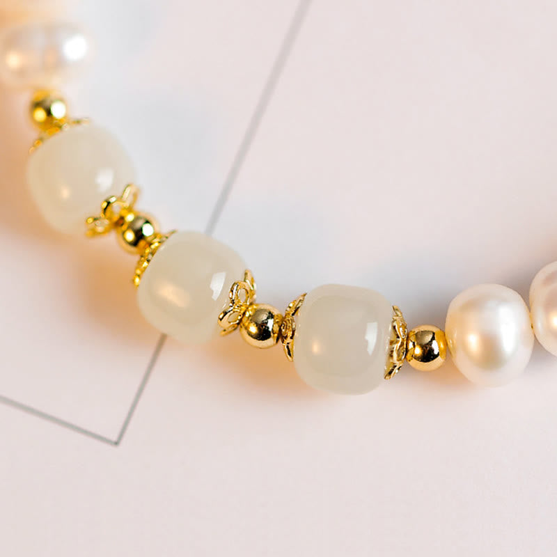 Fortune Jewel 14K Gold Plated Natural Pearl Hetian Cyan Jade White Jade Sincerity Bead Chain Bracelet