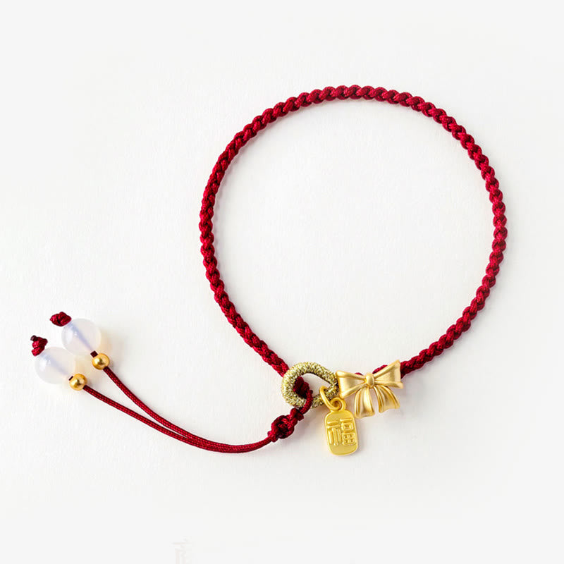 Fortune Jewel Handmade Peach Blossom Rosette Bow Knot Fu Character Charm Luck Fortune Red Rope Bracelet