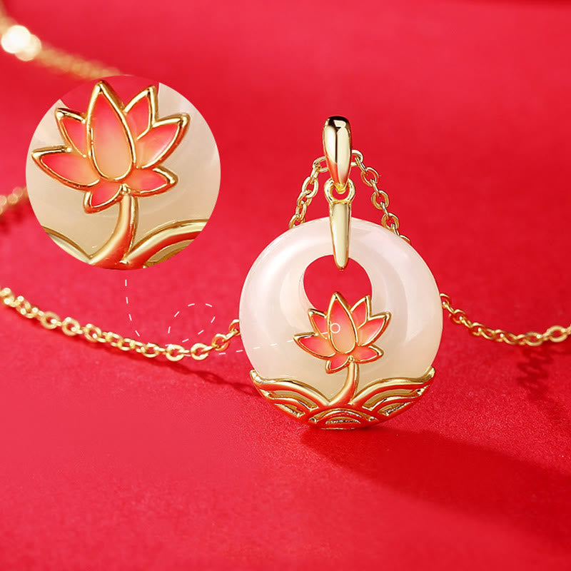 Fortune Jewel 925 Sterling Silver Hetian White Jade Lotus Flower Blessing Necklace Pendant Fortune Jewel