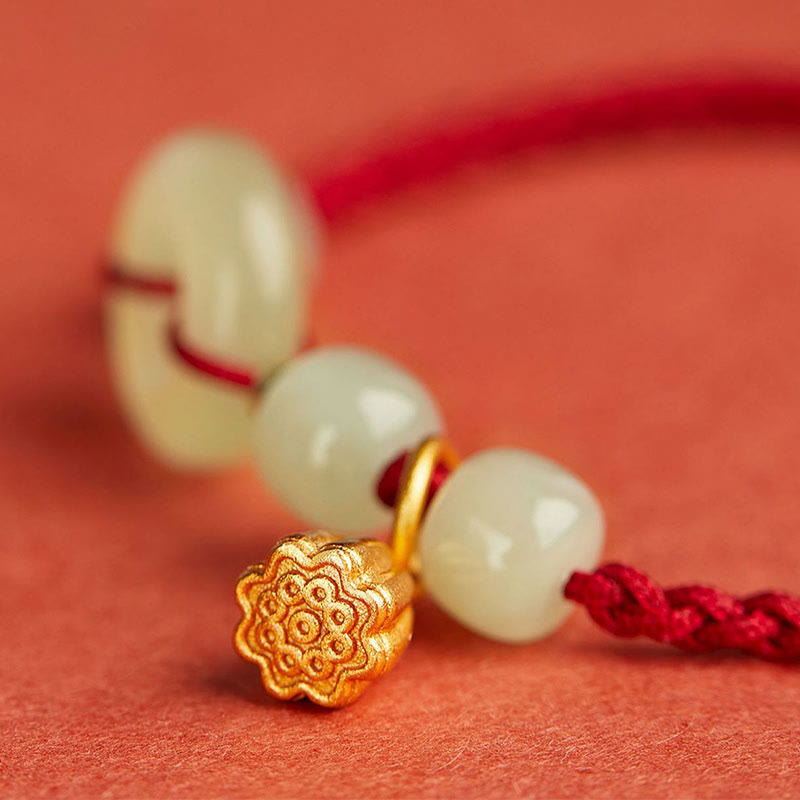 Fortune Jewel Round Peace Buckle Jade Lotus Happiness Abundance Wealth String Bracelet
