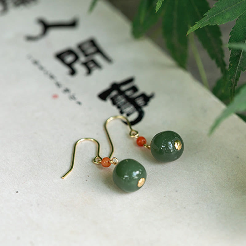 Fortune Jewel 925 Sterling Silver Plated 14k Gold Hetian Jade Red Agate Luck Drop Dangle Earrings