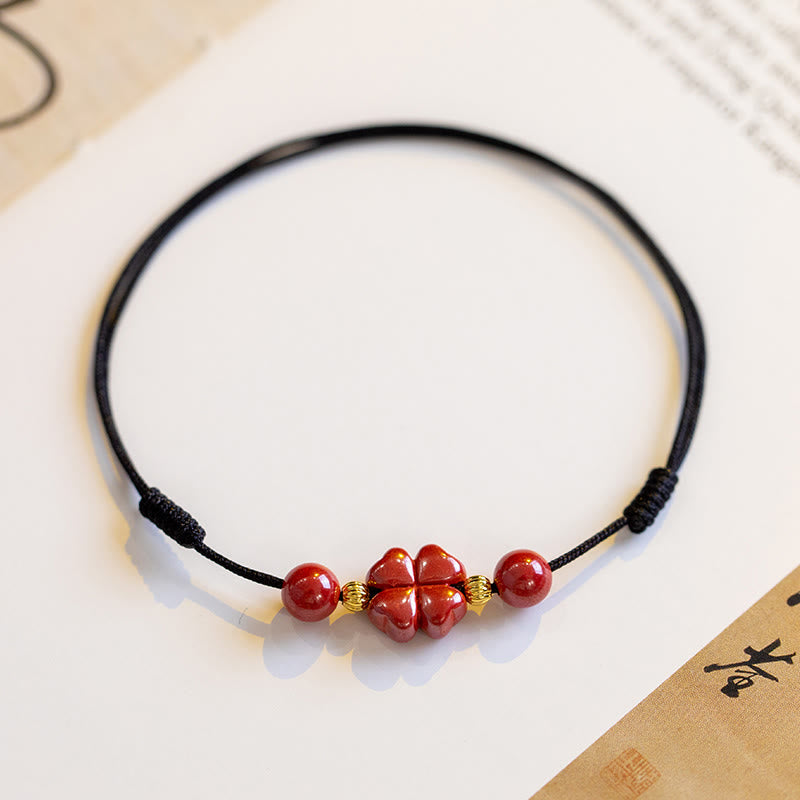 Fortune Jewel Four Leaf Clover Cinnabar Blessing Calm String Bracelet Anklet