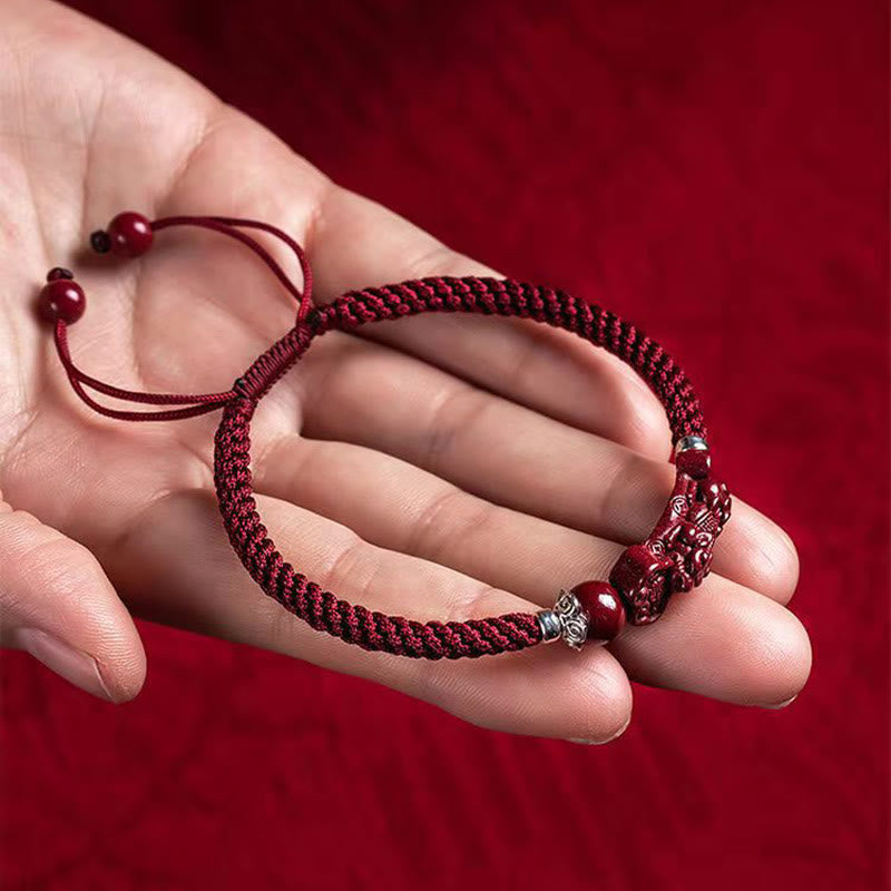 Fortune Jewel Handcrafted PiXiu Cinnabar Wealth Luck Braided Bracelet
