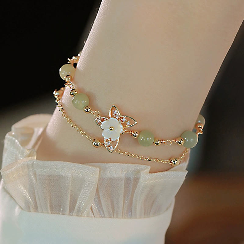 Fortune Jewel 14K Gold Plated Jade Butterfly Tridacna Stone Flower Double Layer Luck Bracelet