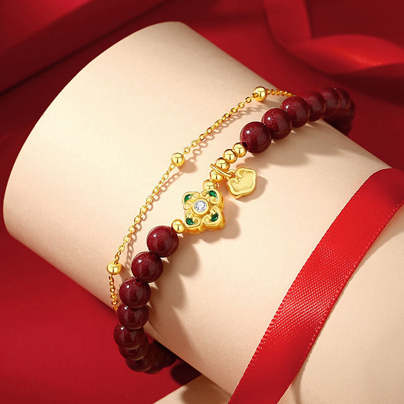 Fortune Jewel 925 Sterling Silver Natural Cinnabar Four Leaf Clover Flower Blessing Chain Bracelet
