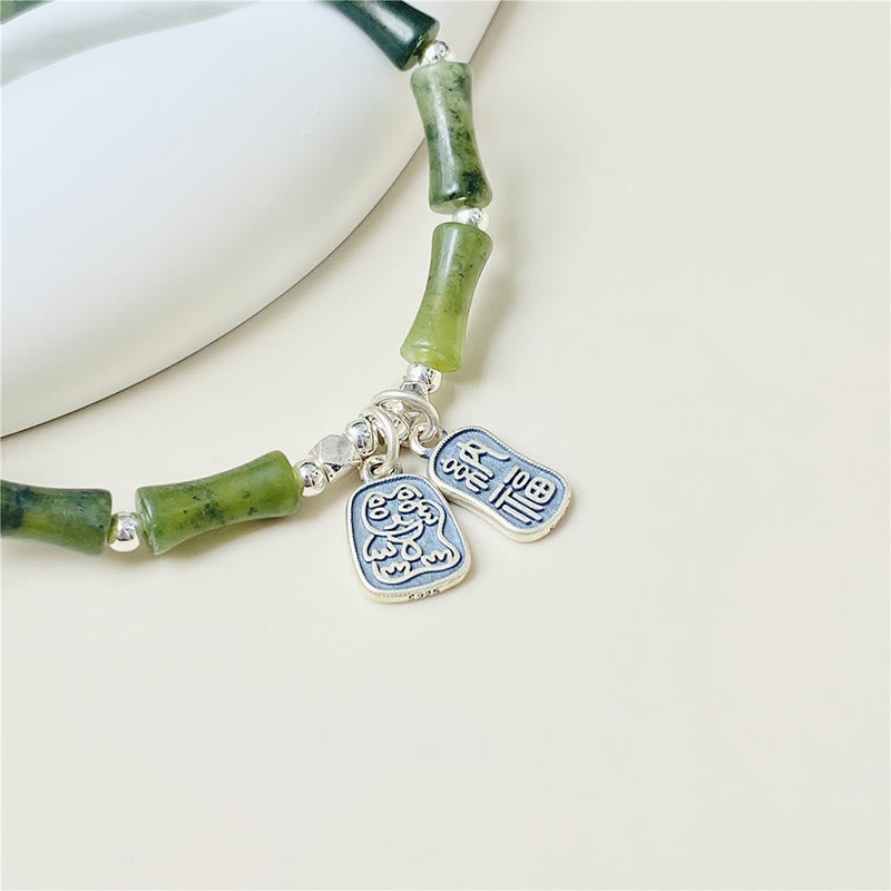 Fortune Jewel 925 Sterling Silver Bamboo Jade Lucky Cat Fu Character Luck Abundance Bracelet