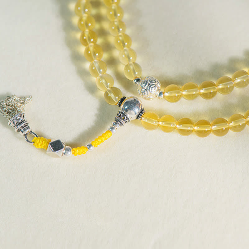 Fortune Jewel 108 Mala Beads 925 Sterling Silver Natural Citrine Red Agate White Jade Prosperity Charm Bracelet