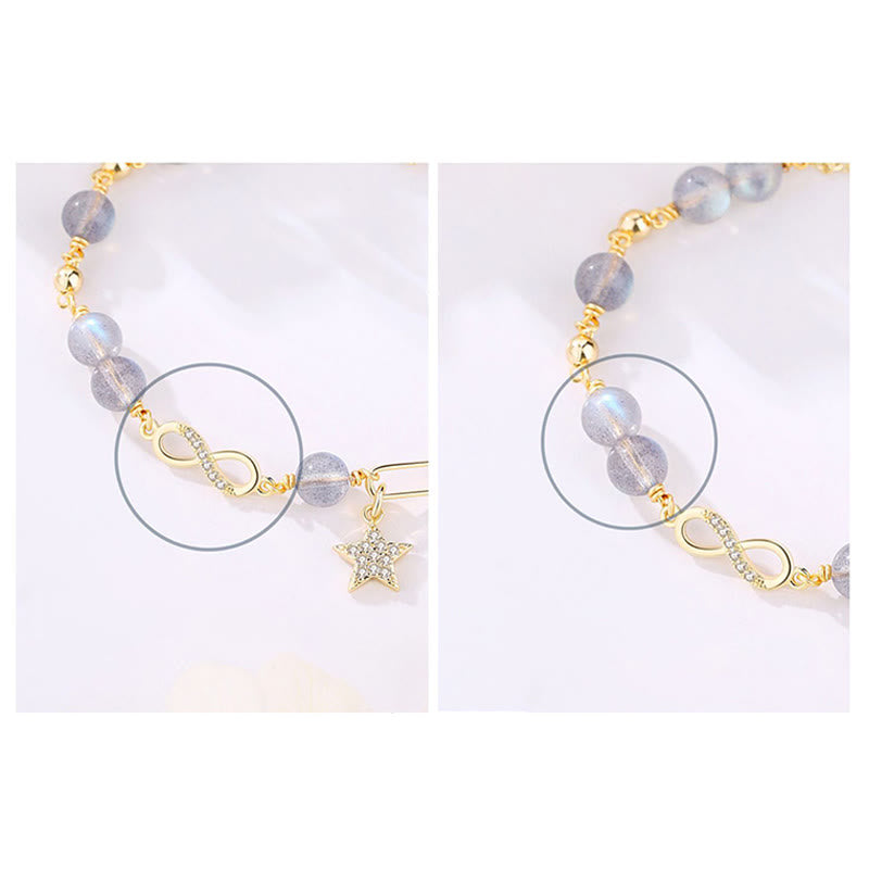 Fortune Jewel 14K Gold Plated Natural Strawberry Quartz Moonstone Möbius Loop Eternal Love Star Positive Bracelet
