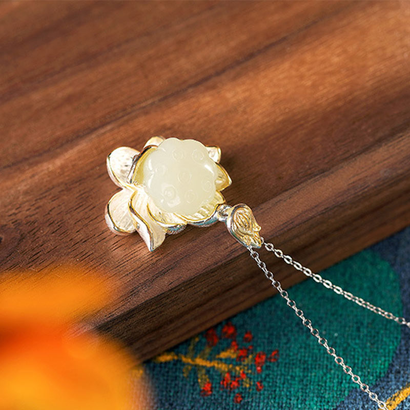 Fortune Jewel White Jade Lotus Flower Happiness Necklace Fortune Jewel