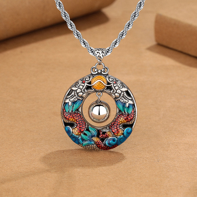 Fortune Jewel Year of the Dragon Colorful Double Dragons Playing Bead Copper Protection Necklace Pendant