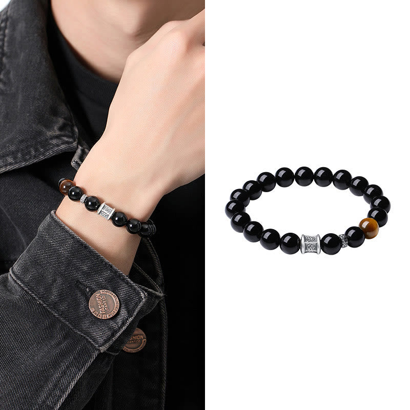Fortune Jewel 999 Sterling Silver Black Obsidian Tiger Eye Om Mani Padme Hum Fulfillment Bracelet