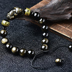 Fortune Jewel Natural Gold Sheen Obsidian PiXiu Om Mani Padme Hum Wealth Braided Bracelet