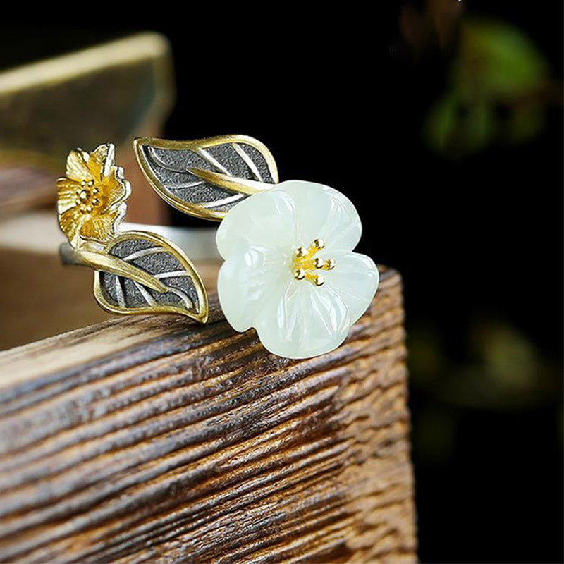 Fortune Jewel 925 Silver Plated Copper White Jade Plum Flower Leaf Luck Ring