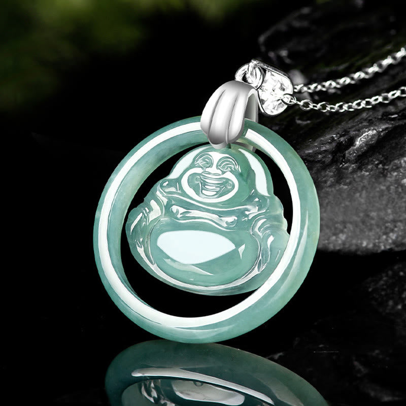 Fortune Jewel Natural Jade Round Laughing Buddha Abundance Titanium Steel Chain Necklace Pendant Fortune Jewel
