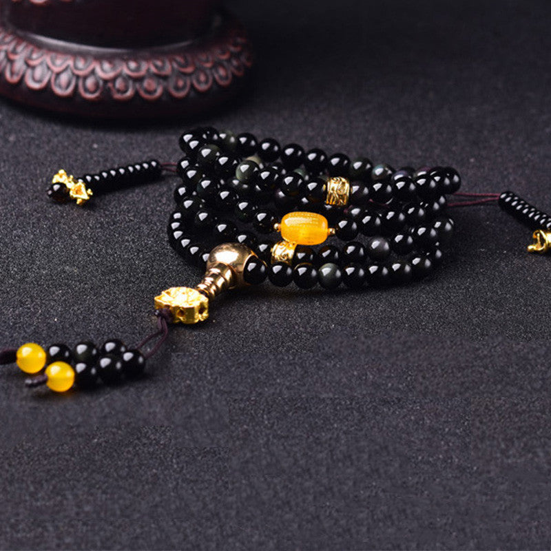Fortune Jewel 108 Beads Natural Black Obsidian Lotus Fulfilment Mala Bracelet