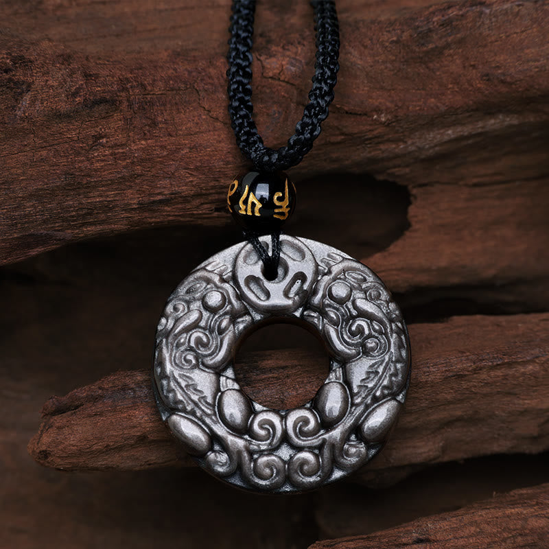 Fortune Jewel Natural Silver Sheen Obsidian Double PiXiu Copper Coin Peace Buckle Protection Necklace Pendant