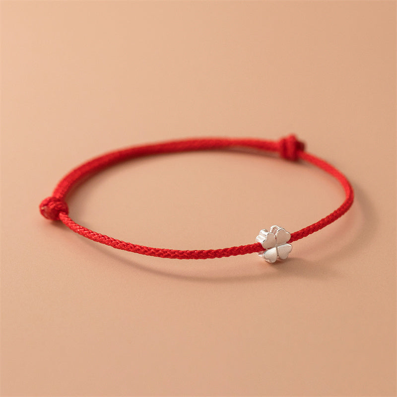 Fortune Jewel 925 Sterling Silver Four Leaf Clover Red Rope Bracelet