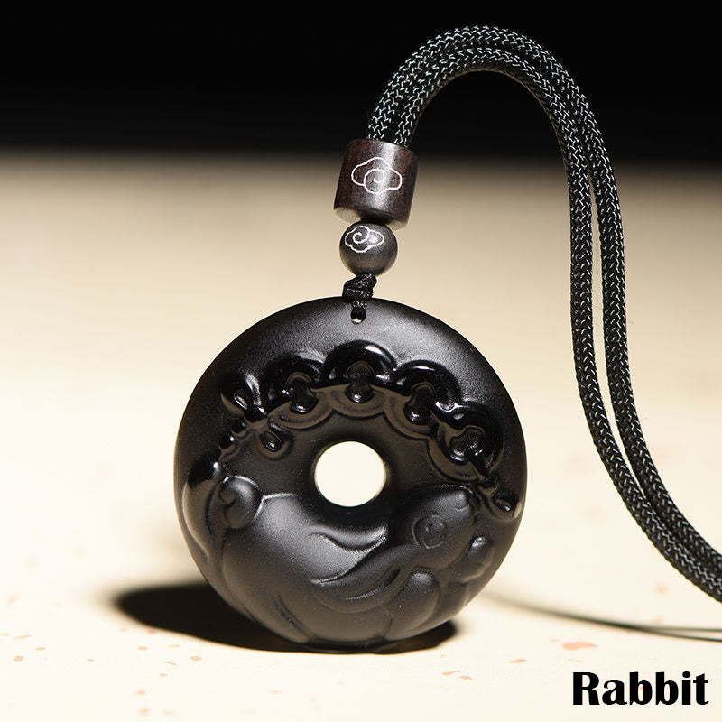 Fortune Jewel Chinese Zodiac Natural Black Obsidian Peace Buckle Strength Necklace Pendant