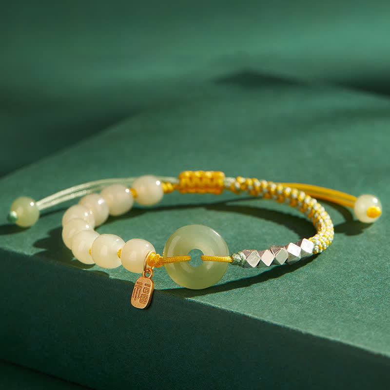 Fortune Jewel 925 Sterling Silver Hetian Jade Peace Buckle Beaded Luck Happiness Charm Bracelet