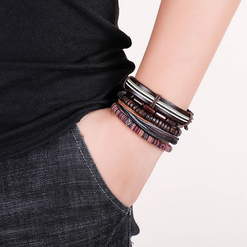 Fortune Jewel Wrap Hemp Cords Wood Beads Leather Bracelet