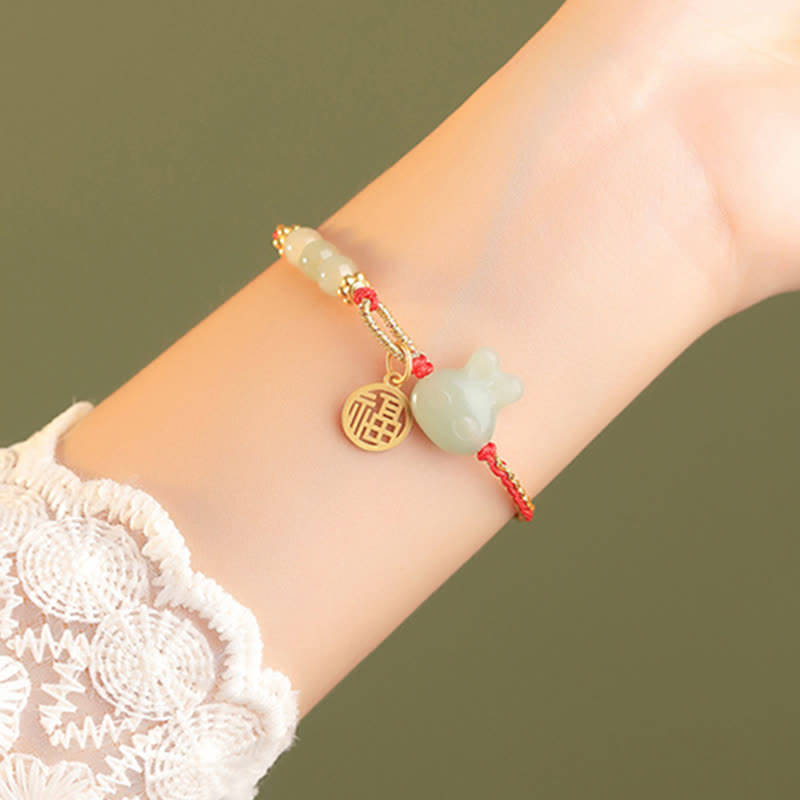 Fortune Jewel 925 Sterling Silver Year of the Rabbit Hetian Jade Happiness Luck Red String Bracelet