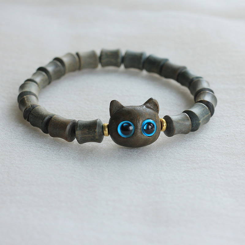 Fortune Jewel Ebony Wood Green Sandalwood Cute Cat Peace Bracelet