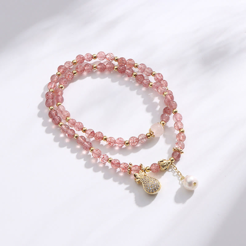 Fortune Jewel Strawberry Quartz Money Bag Positive Charm Double Wrap Bracelet