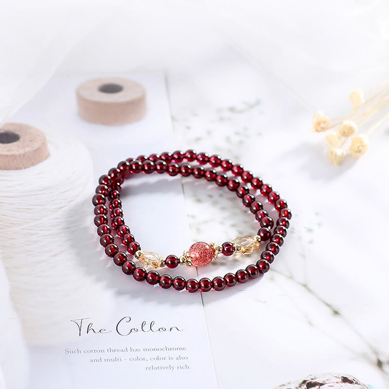Fortune Jewel 14K Gold Plated Natural Garnet Strawberry Quartz Butterfly Protection Double Wrap Bracelet