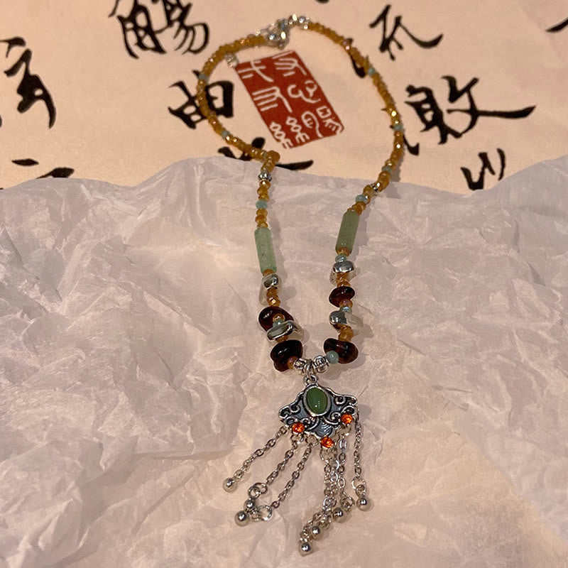 Fortune Jewel Tibetan Crystal Stone Copper Luck Tassel Necklace Pendant