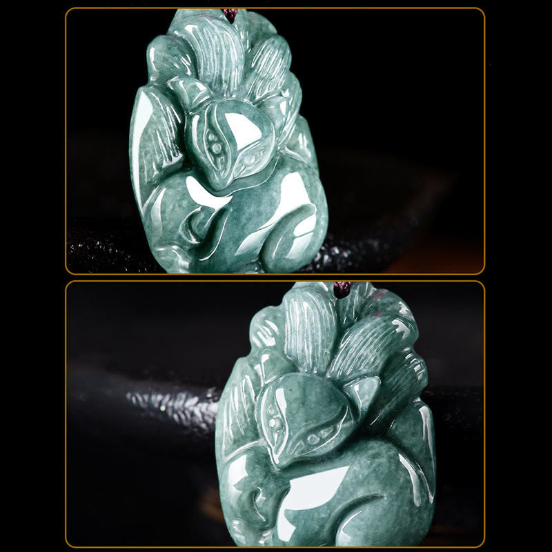 Fortune Jewel Natural Green Jade Nine Tailed Fox Engraved Prosperity Necklace Pendant