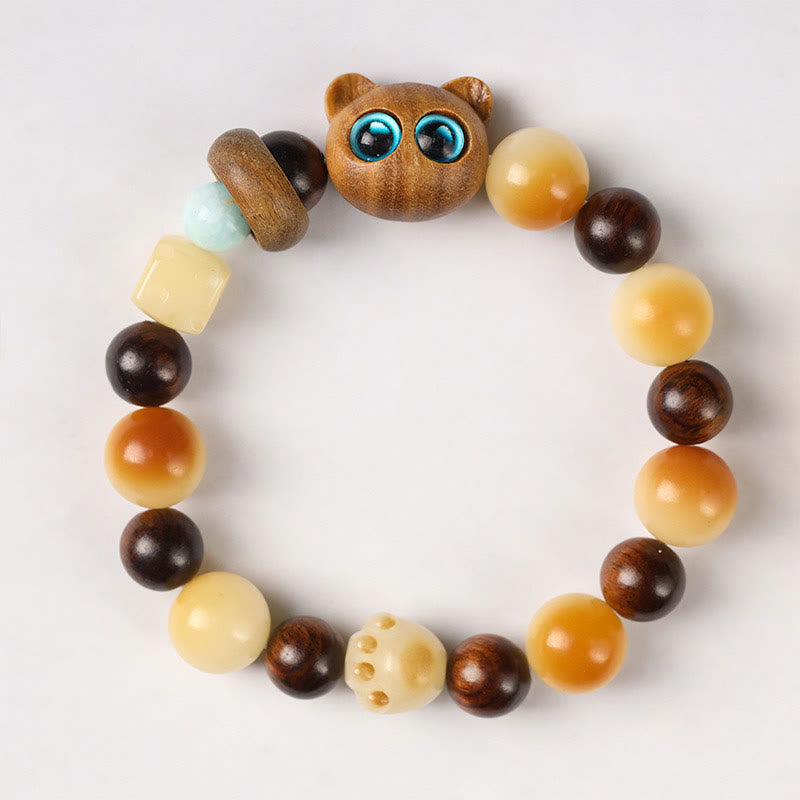 Fortune Jewel Natural Bodhi Seed Sandalwood Lucky Cute Cat Head Paw Claw Peace Bracelet