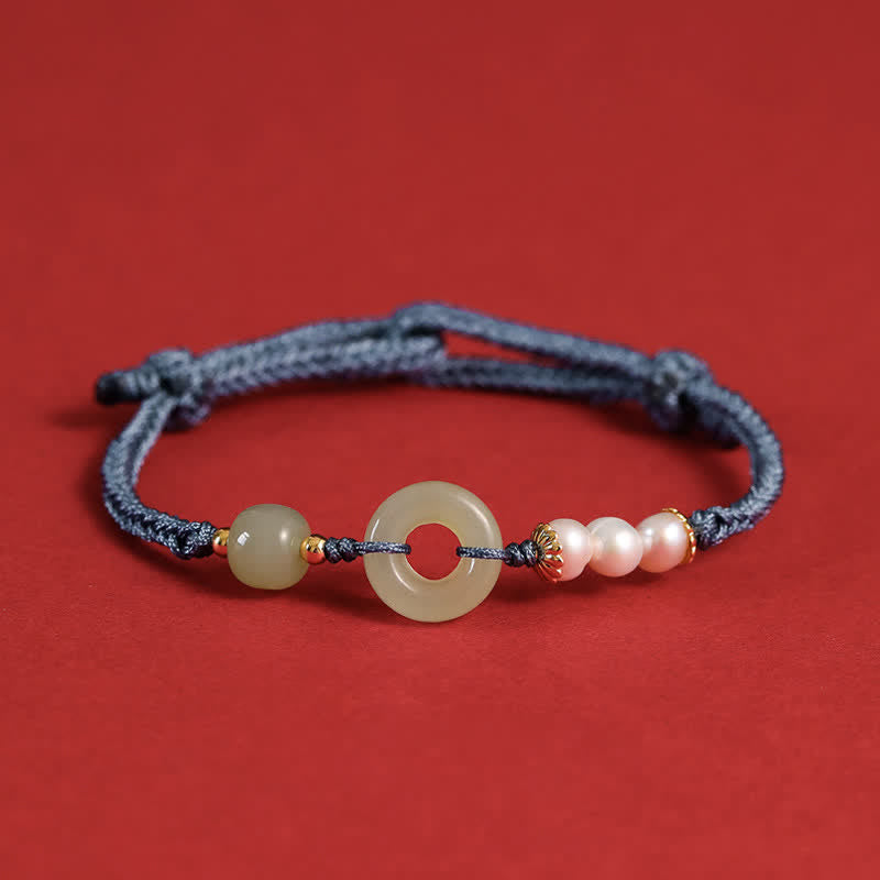 Fortune Jewel Natural Hetian Jade Pearl Peace Buckle Luck Bracelet