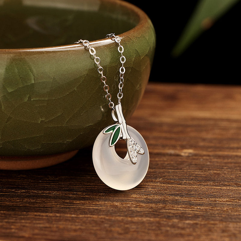 Fortune Jewel 925 Sterling Silver Natural Chalcedony Bamboo Leaf Peace Buckle Positive Necklace Pendant