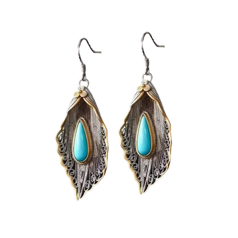 Fortune Jewel 925 Sterling Silver Turquoise Bodhi Leaf Pattern Protection Drop Dangle Earrings