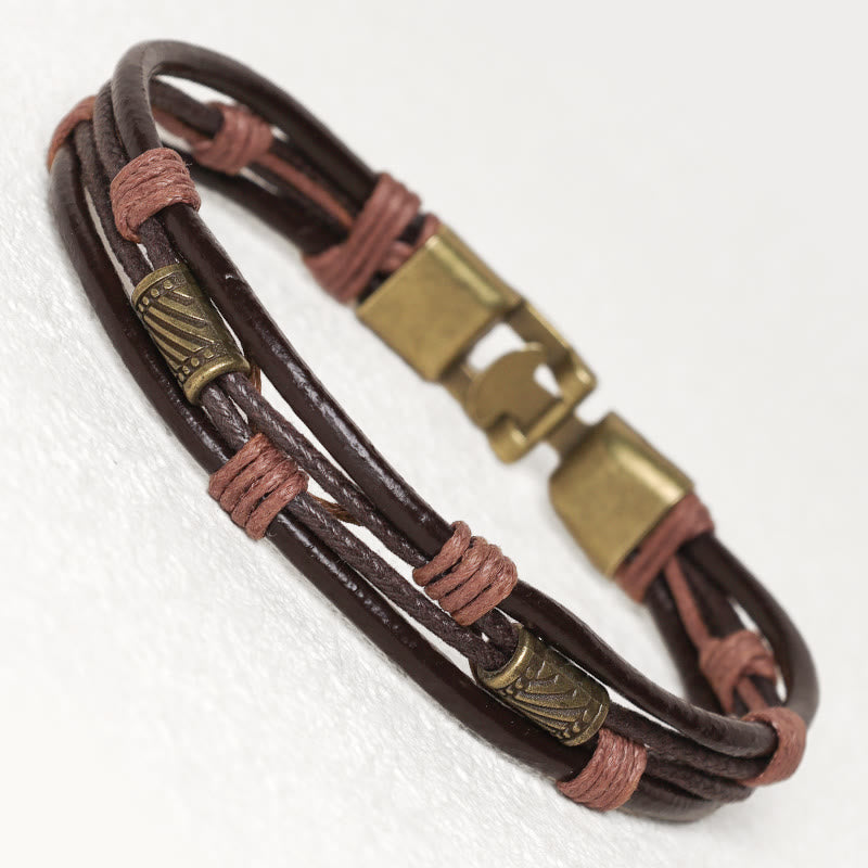 Fortune Jewel Vintage Leather Wrist Band Brown Rope Layered Bracelet Bangle