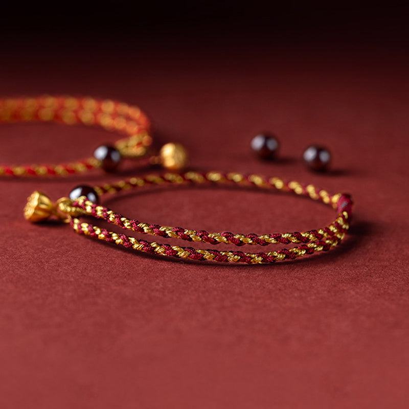 Fortune Jewel Handcrafted Red Gold Rope Lotus Peace And Joy Charm Braid Bracelet