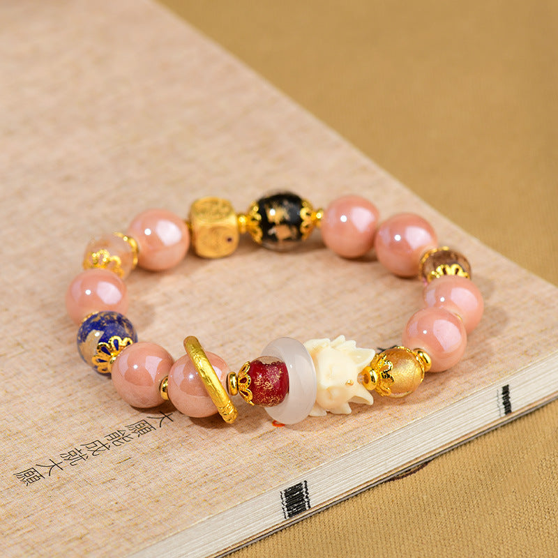 Fortune Jewel Tibetan Incense Ash Liuli Glass Bead Luck Protection Nine Tailed Fox Bracelet