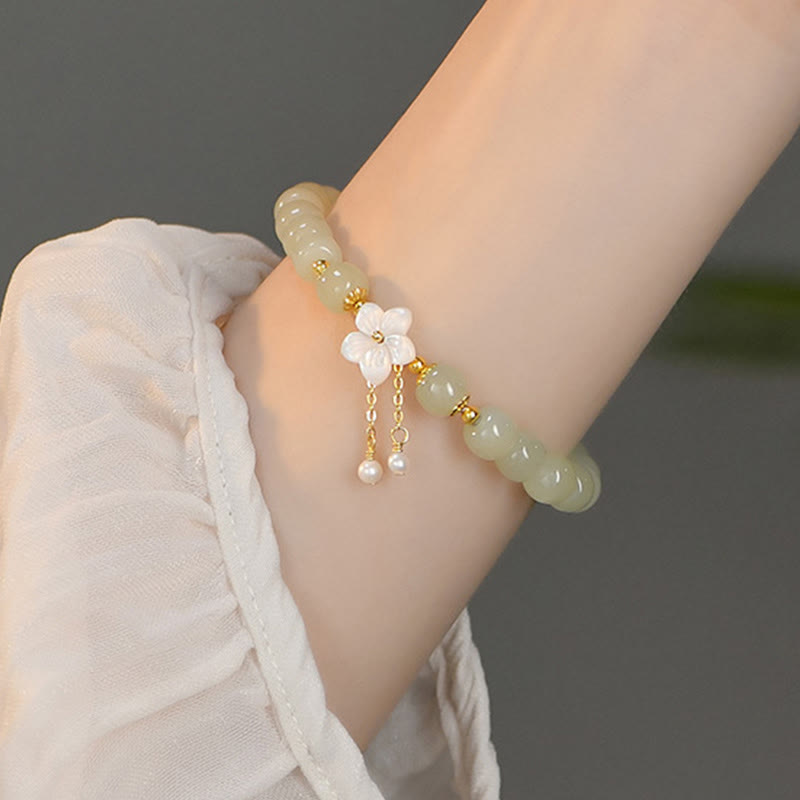 Fortune Jewel 925 Sterling Silver Natural Hetian Jade Luck Flower Bracelet
