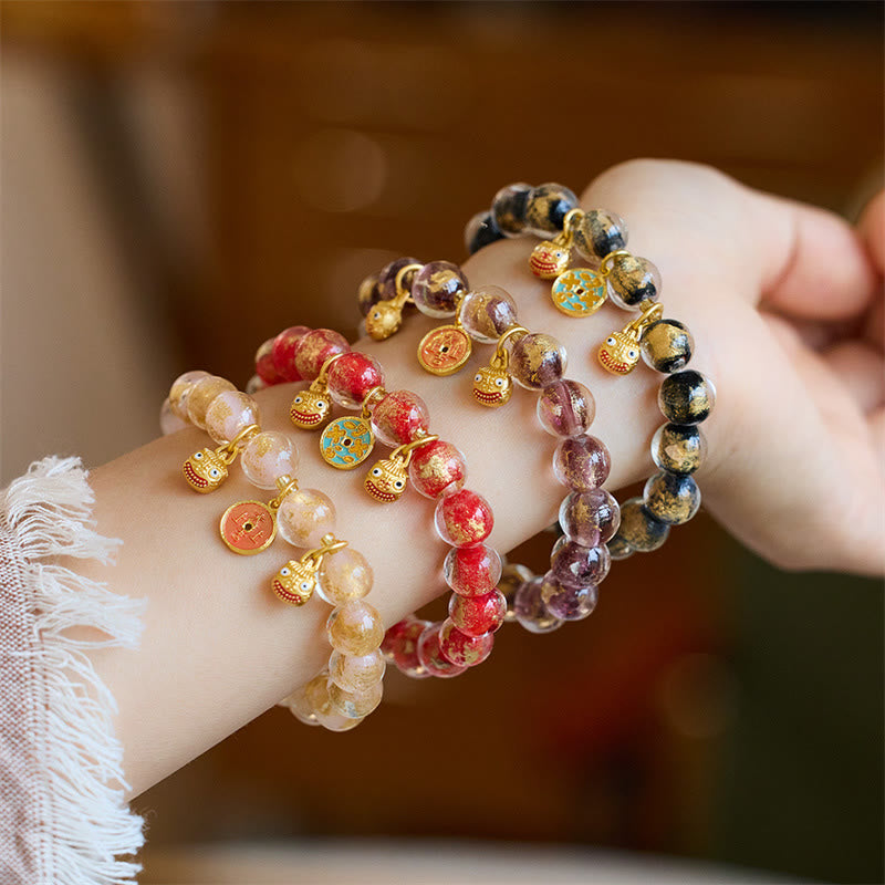 Fortune Jewel Gold Swallowing Beast Copper Coin Good Luck Charm Liuli Glass Bead Fortune Bracelet