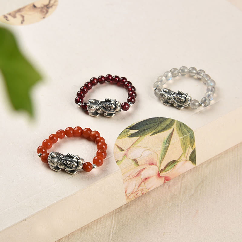 Fortune Jewel 925 Sterling Silver Natural Garnet Moonstone Red Agate PiXiu Wealth Ring