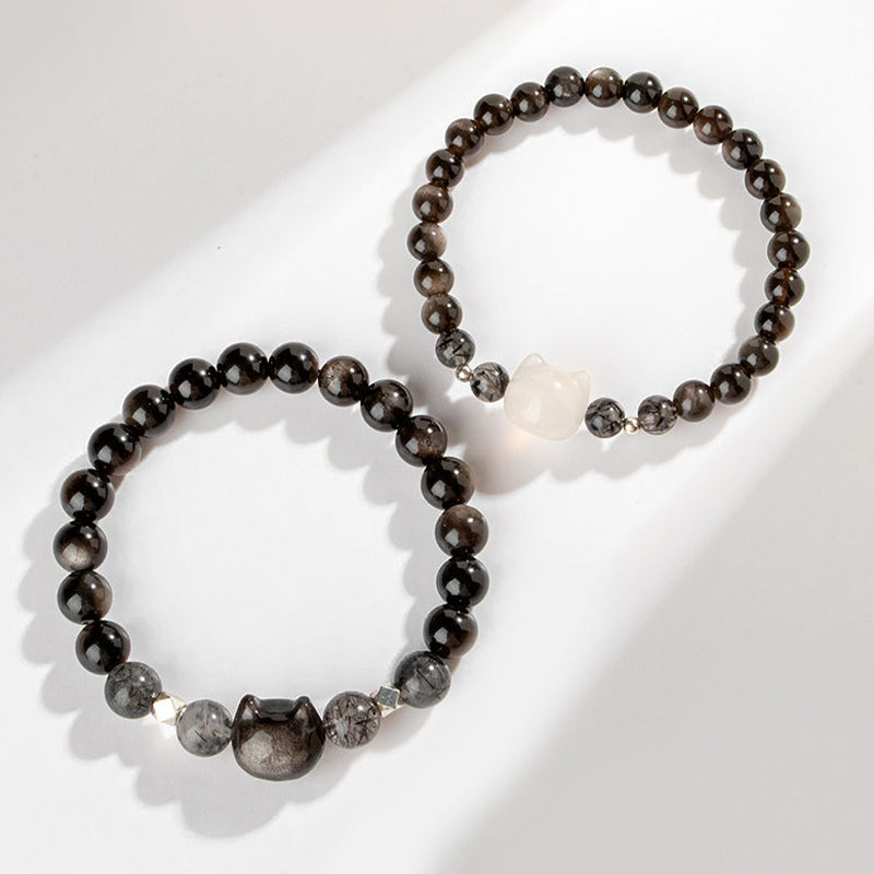 Fortune Jewel Natural Silver Sheen Obsidian Cute Cat Head Protection Bracelet