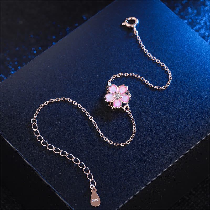 Fortune Jewel 925 Sterling Silver Cherry Blossom Blessing Chain Bracelet Rotatable Ring