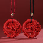 Fortune Jewel Year of the Dragon 925 Sterling Silver Natural Cinnabar Copper Coin Luck Necklace Pendant