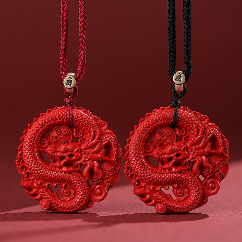 Fortune Jewel Year of the Dragon 925 Sterling Silver Natural Cinnabar Copper Coin Luck Necklace Pendant