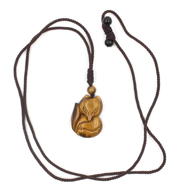 Fortune Jewel Natural Black Obsidian Tiger Eye Ice Obsidian Fox Pendant Amulet Necklace
